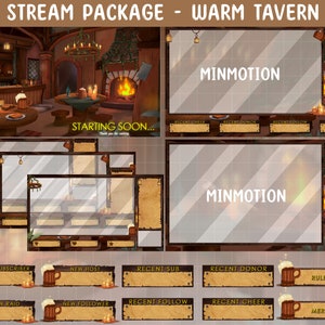 Animated Warm Tavern Twitch Stream Full Package / Medieval Fantasy Tavern Overlay/ Starting Soon/BRB / Stream Ending/ Graphic for Livestream