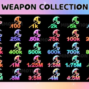 May include: A collection of 18 colorful weapon icons with numbers ranging from 1 to 5 million. The icons are in the shape of a crescent moon with a handle.