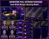 Animated Full Stream Package Grim Reaper Gaming Room, Cozy PC Setup Twitch Overlay with Cute Reaper, Skull Reaper for VTuber, Kick