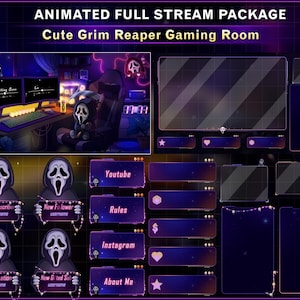 Puede incluir: Paquete de transmisión completa animada con un tema de sala de juegos de Grim Reaper. El diseño presenta una ilustración de configuración de juego, elementos de superposición y botones de redes sociales. El texto incluye "Nuevo suscriptor", "Nuevo seguidor", "Reglas", "Instagram" y "Acerca de mí".