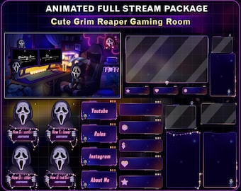 Pacote completo de transmissão animada com a Sala de Jogos da Morte, Configuração de PC aconchegante com Overlay para Twitch e a Morte fofa, Morte Caveira para VTuber, Kick
