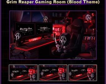 5x Screens Animated Grim Reaper Blood Gaming Room, Halloween Twitch Overlay with Cute Reaper, Skull Reaper for VTuber, Kick