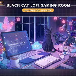 Könnte beinhalten: Animierter Bildschirm mit dem Titel "BLACK CAT LOFI GAMING ROOM". Das Bild zeigt eine schwarze Katze auf einem Schreibtisch mit einem Laptop, auf dem "STARTING SOON" steht. Weitere Elemente sind Kopfhörer, eine Tasse Kaffee, ein Controller und ein Buch.