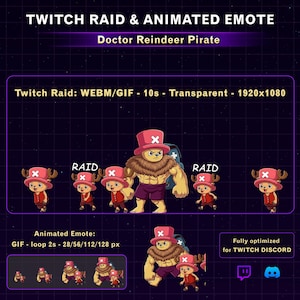 Könnte beinhalten: Animierter Twitch-Emote mit einem Zeichentrickcharakter, "Doctor Reindeer Pirate", in verschiedenen Posen. Das Design enthält den Text "TWITCH RAID & ANIMATED EMOTE" und "Doctor Reindeer Pirate". Der Emote ist für Twitch und Discord optimiert.