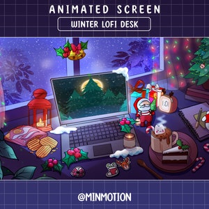 Animierter Winter Lofi Desk Twitch Stream Screen, Chrismas Lofi, Weihnachtsbaum, Weihnachtsmann, Hot Cocoa, Candy, Xmas, Grafik für Livestream