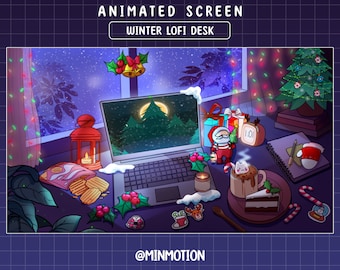 Écran de flux Twitch de bureau Lofi d’hiver animé, Chrismas Lofi, arbre de Noël, Père Noël, Chocolat chaud, bonbons, Noël, graphique pour diffusion en direct