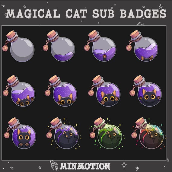 Magical Cat Twitch Sub Badges / Cute Potion Black Cat Cheer Badges / Cat Twitch / Cute Badges For Streamers / Meow Twitch