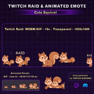 Puede incluir: Gráfico animado de una ardilla de dibujos animados. El texto dice "Twitch Raid & Animated Emote" y "Cute Squirrel". Diseñado para Twitch y Discord, con emotes de ardilla animadas.