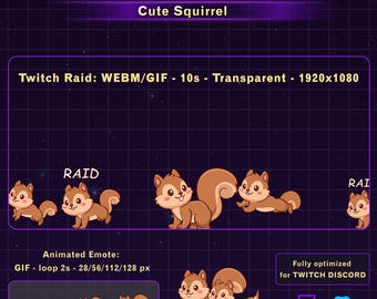 Animierter süßer Twitch Alarm eines Eichhörnchens, Eichhörnchen Raid Animation mit Eichhörnchen Emote, lustiger Twitch Alarm für Streamer