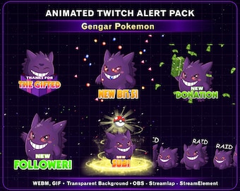 Animiertes Pokemon Gengar Stream Alarm Paket, Niedlicher Gengar Raid Twitch Alarm Bundle, lustiges Emote für Twitch, Kick, Discord ...