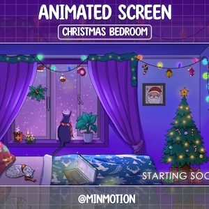 Animated Christmas Bedroom Twitch Overlay Stream Sceen / Cat Watching Falling Snow / Snowy Christmas Night / Xmas Tabby Cat / Coffe, Candles