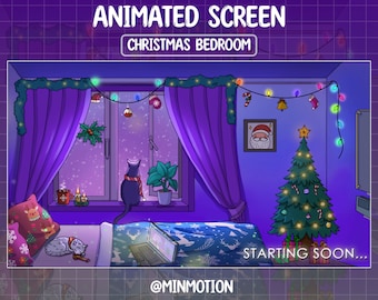 Animiertes Christmas Schlafzimmer Twitch Overlay Stream Sceen / Katze beim Schnee beobachtend / Verschneite Weihnachtsnacht / Weihnachten Getigerte Katze / Kaffee, Kerzen