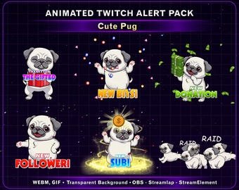 Pacote de Alerta Animado Fofo de Pug para Twitch, Pacote de Alerta de Cachorro, Alerta Divertido de Inscritos e Seguidores para Streamers