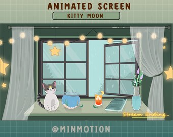 Tela de transmissão animada do Twitch / Cute Kitty Moon In Cozy Room Dia chuvoso pesado / Cute GoldFish / Orange Juice / Sweet Summer / Streamer Star