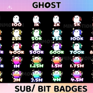 May include: A set of 20 colorful ghost Twitch sub and bit badges. The badges feature a white ghost with different colored horns and hair. The badges are labeled with numbers from 100 to 5 million.