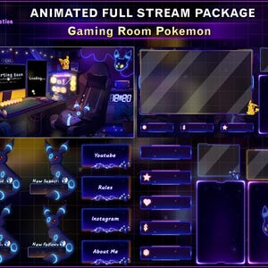 Pode incluir: Pacote de transmissão completa animada com tema de sala de jogos. O design apresenta um esquema de cores roxo escuro e azul com personagens Pokémon. Inclui sobreposições para alertas, bate-papo e informações de transmissão.