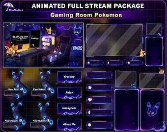 Pacote completo de transmissão animada para sala de jogos Pokémon, configuração de PC aconchegante com sobreposição para Twitch com Pikachu, Eevee e Umbreon brilhante para VTuber, Kick