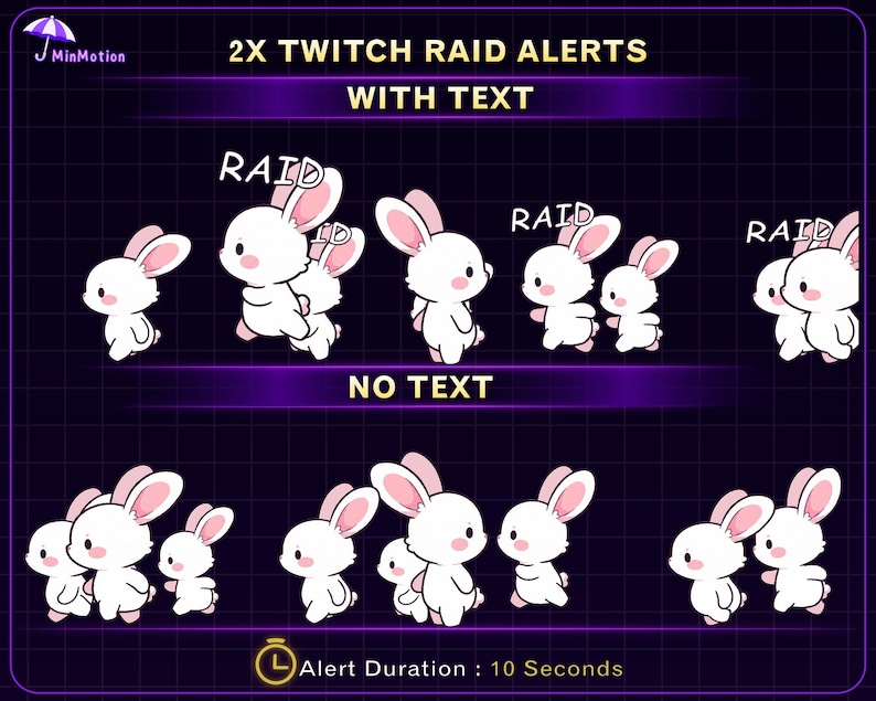 May include: A digital graphic featuring white cartoon rabbits with pink ears and accents. The image includes the text "2X TWITCH RAID ALERTS WITH TEXT" and "NO TEXT". The alert duration is 10 seconds.