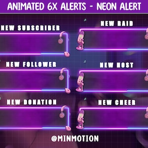 6x Animated Twitch Neon Alert / Pink Purple Neon Twitch Alert for Streamer / Aesthetic / Cool / Gamer / Badges / Stream Labs Widgets