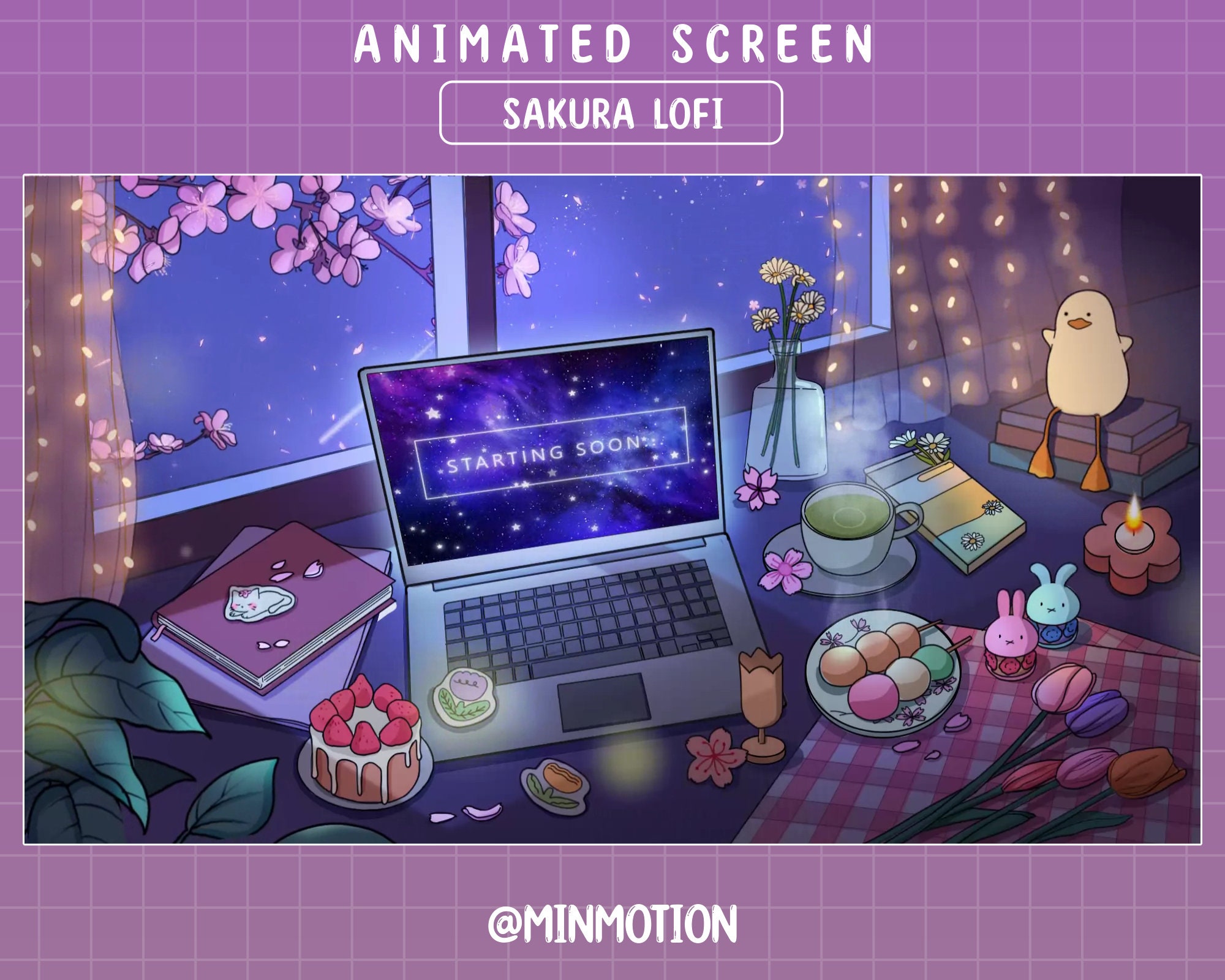 Écran de flux animé Spring Lofi Desk Twitch / Superposition de fleurs de cerisier / Gamer pour ordinateur portable / Scène de salle de configuration / Scènes mignonnes / Kawaii / Chambre confortable