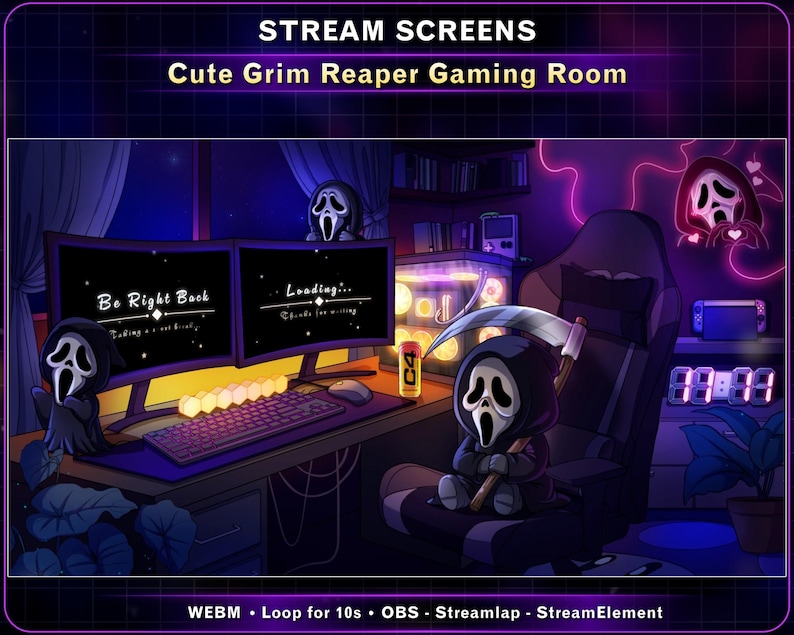 5x Animated Screens Grim Reaper Gaming Room, Cozy PC Setup Twitch ...