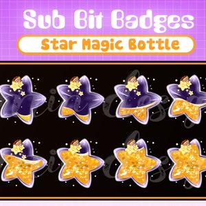 May include: Eight animated badges featuring a purple and gold star-shaped bottle with a cork stopper. The bottle is filled with a sparkling liquid and has a white star design. The text "Sub Bit Badges" and "Star Magic Bottle" is displayed above the badges.
