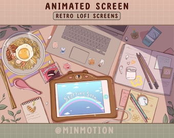 Animated Retro Lofi Aesthetic Twitch Stream Screen / Pastel Overlay / Ipad Gamer / Instand Noodle / Setup Room Scene / Cute Scenes / Kawaii