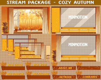Op de afbeelding: Een digitaal stream-pakket met een gezellig herfstthema. Het ontwerp toont een raam met uitzicht op herfstbladeren en de tekst "Starting Soon". Extra elementen zijn overlay-schermen met de tekst "Minmotion" en diverse geanimeerde meldingen.