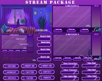 FULL ANIMATED Purple Dark Bed Room Twitch Overlay Stream Package / Animated Star Watching Black Cat Complete Stream / Neon / Ghost / Spooky