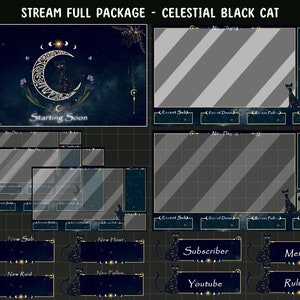 Animated Celestial Black Cat Twitch Stream Full Package / Luna Moth Butterfly,Celestial Night Overlays,Crystals,Magical,Alerts Panels Screen