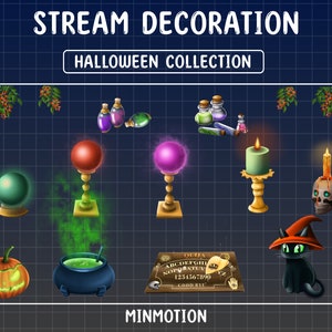 Stream Dekoration Halloween Kollektion / Halloween Grusel überlagert / Kerzenschädel / Magisches Gift Botle / Geister Katze / Kürbis / Ouija Board