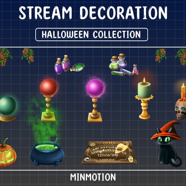 Stream Decoration Halloween Collection / Halloween Spooky Overlay / Candle Skull / Magic Poison Botle / Ghost Cat / Pumpkin / Ouija Board