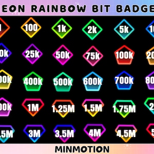 Neon Number Twitch Bit Badges / Rainbow Neon Sub Badges / Twitch Ring Badges / Diamond Bit Badges / Gamer Graphics / Graphics For Streamer