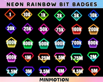 Neon Number Twitch Bit Badges / Rainbow Neon Sub Badges / Twitch Ring Badges / Diamond Bit Badges / Gamer Graphics / Graphics For Streamer