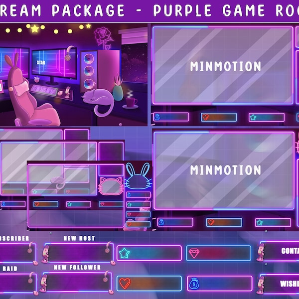 Animated Twitch  Stream Package / Cozy Gaming Room / Lo-fi Aesthetic Gaming PC Room Scenes / Retro Purple Plant House / Night Stream Overlay