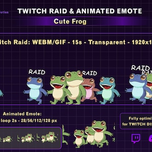 May include: A digital graphic for Twitch and Discord, showcasing animated cartoon frogs. The image includes the text "TWITCH RAID & ANIMATED EMOTE" and "Cute Frog". The frogs are in different colours, with the word "RAID" above them.