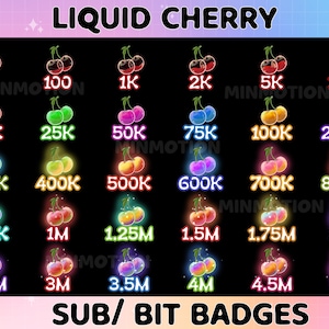 Liquid Cherry Twitch Sub Bit Badges / Fruits Twitch Overlay / Kawaii Magic Cherries / Number bit badges /Cute Badges For Streamers / Gamer
