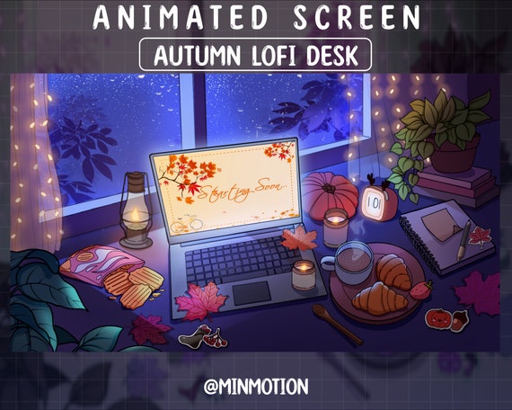 Animated Lofi Desk Twitch Stream Screen/ Autumn Rain In WindowRetro / Halloween Ambience In Cozy Room / Lofi Desk / Maple Leaf / Pumpkin