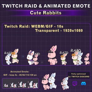 May include: Digital graphic set featuring Twitch Raid and animated emotes with cute rabbits. Includes text: TWITCH RAID & ANIMATED EMOTE, Cute Rabbits, Twitch Raid: WEBM/GIF - 10s, Transparent - 1920x1080, Animated Emote: GIF - loop 2s - 28/56/112/128 px.