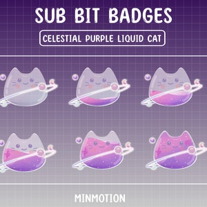 Puede incluir: Seis insignias animadas de gato líquido morado con un tema de galaxia. Cada insignia presenta un gato con un anillo de planeta a su alrededor. El texto "SUB BIT BADGES" y "CELESTIAL PURPLE LIQUID CAT" está en la parte superior de la imagen. El texto "MINMOTION" está en la parte inferior de la imagen.