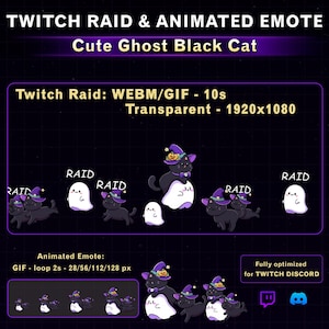 Puede incluir: Un paquete de activos digitales con un gato negro con un sombrero de bruja morado y un disfraz de fantasma. El texto dice TWITCH RAID & ANIMATED EMOTE, Cute Ghost Black Cat, Twitch Raid: WEBM/GIF - 10s, Transparent - 1920x1080, Animated Emote: GIF - loop 2s - 28/56/112/128 px, y Fully optimized for TWITCH DISCORD.