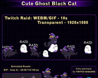 Niedliche Geisterkatze: Twitch-Raid-Alarm & animiertes Emote, Halloween-Hexenkatzen-Stream-Alarm für Twitch-Discord-VTuber