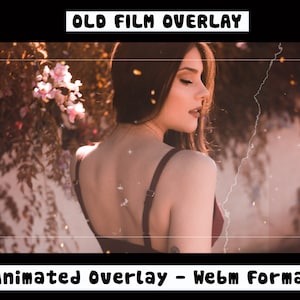 May include: Animated overlay in webm format, featuring a woman with long brown hair standing in front of a blurred background of pink flowers and a sunset. The overlay has a vintage film effect with light streaks and sparkles.