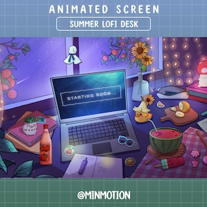 Animated Summer Lofi Desk Twitch Stream Screen / Flower Twitch Overlay / Laptop Gamer / Setup Room Scene / Cute Scenes / Kawaii /Cozy Room