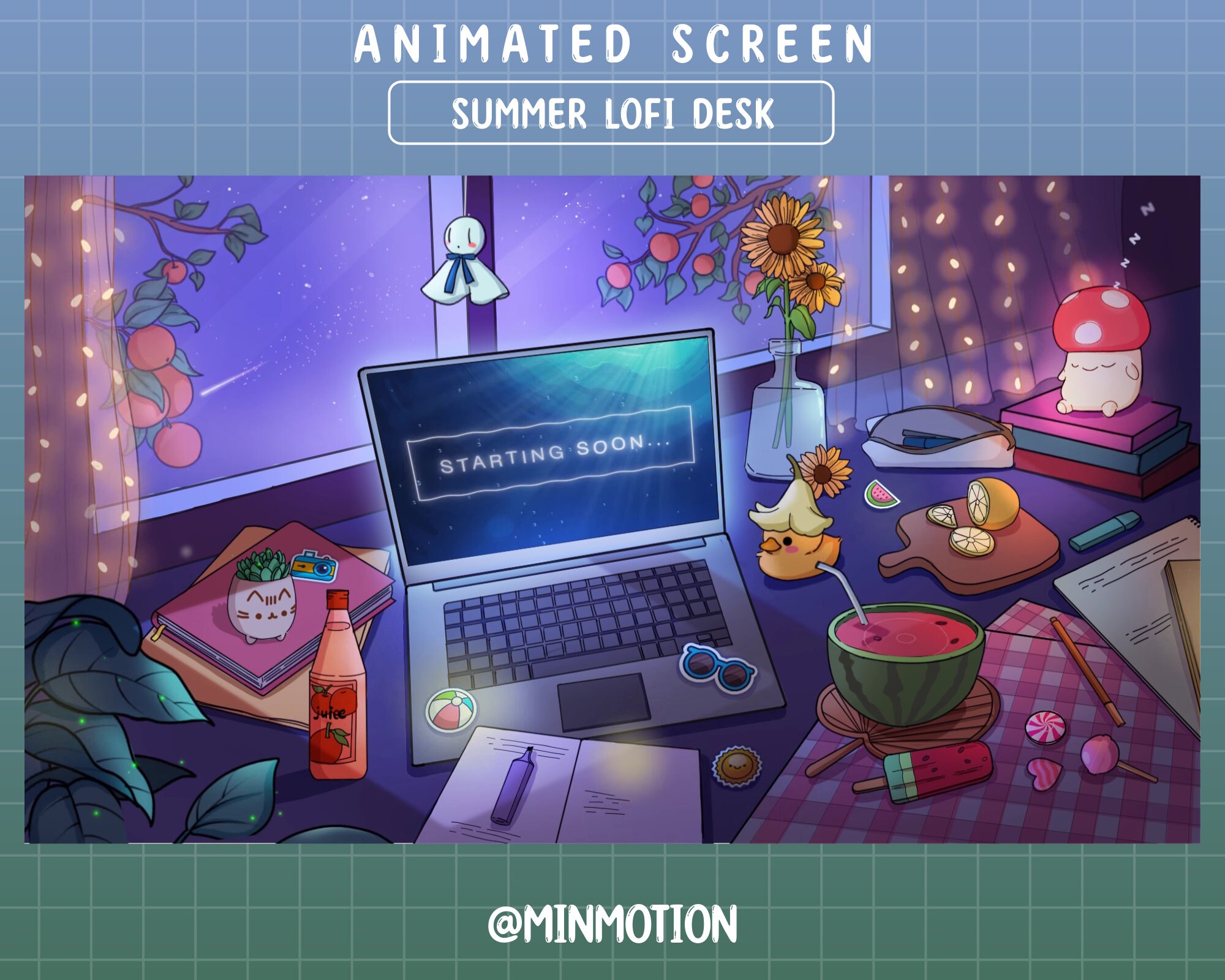 Animated Summer Lofi Desk Twitch Stream Screen / Flower Twitch Overlay / Laptop Gamer / Setup Room Scene / Cute Scenes / Kawaii /Cozy Room