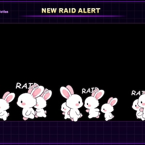 May include: A black background with the text "NEW RAID ALERT" and cartoon bunnies. The bunnies are white with pink ears and are in various poses. The word "RAID" is written above some of the bunnies.