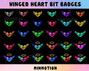 May include: A set of 20 winged heart bit badges in various colors, including red, orange, yellow, green, blue, purple, and pink. Each heart has a pair of wings and a halo. The badges are arranged in a grid pattern on a black background.