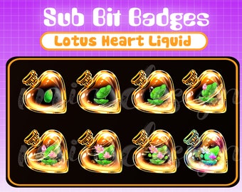 May include: Eight heart-shaped glass bottles with gold lids, filled with a liquid and containing green leaves and pink flowers. The bottles are arranged in two rows of four. The text "Sub Bit Badges Lotus Heart Liquid" is at the top of the image.