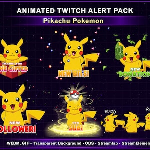 May include: Animated Twitch alert pack featuring Pikachu Pokemon. The pack includes various alerts with Pikachu, such as "Thanks for the Gifted," "New Bits," "New Donation," "New Follower," "New Sub," and "Raid." The background is a dark purple with a grid pattern.