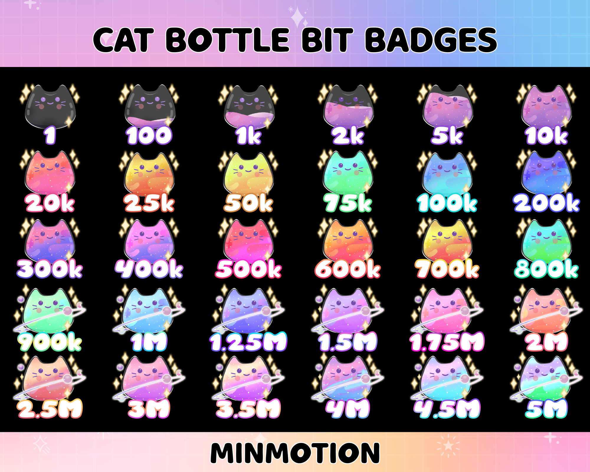 Celestial Purple Liquid Cat Botle Twitch Subbit-badges / Kawaii Magic Cat-fles / Nummerbitbadges / Leuke badges voor streamers / Miauw Twitch